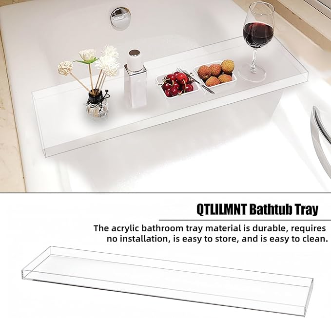 Acrylic Bathtub Tray, 32.28in Clear Bath Caddy, Bathroom Caddy Tray for Bathtub, Acrylic Bathtub Tub for Holds Soap, Towels, Paper Towels, Candles, Body wash, Shampoo, Plants