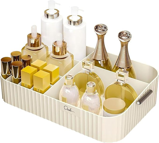 DASITON Large Capacity Makeup Organizer,12 Slots Makeup Brush Holder,Makeup Storage with Handle,Vintage Striped Cosmetic Organizer for Bathroom Countertops,Desk Storage Container(Cream)-NeatNest