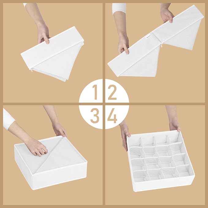 Criusia 3 Pack Sock Underwear Drawer Organizer Dividers, 64 Cell Fabric Foldable Cabinet Closet Organizers and Storage Boxes for Storing Socks, Panties, Ties (16+24+24 Cell, White)-NeatNest