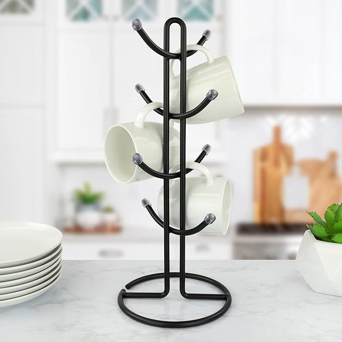 FitWell Mugs Holder, Mug Tree, Coffee Mug Holder, Coffee Mug Tree, Mug Organizer for Cabinet, Mug Holder Stand, Coffee & Tea Cup Storage Rack (Black, 8 Mugs Holder (17.5"H))-NeatNest
