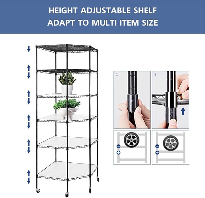 6 Tier Corner Wire Shelving Unit, Adjustable Wire Shelf with Wheels, Metal Storage Shelves and Racks for Kitchen, Bathroom, Laundry, Pantry, Closet (27" D x 27" W x 71" H, Black)