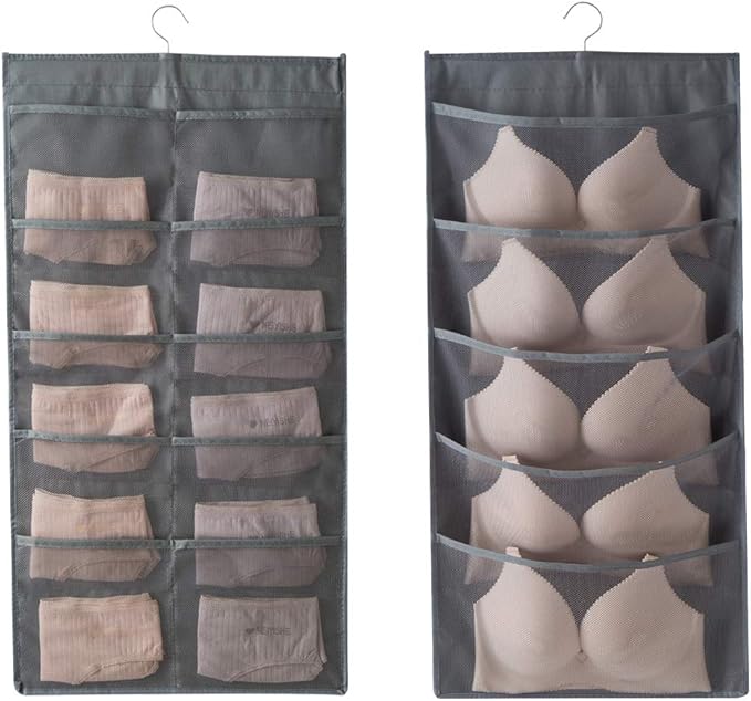 Enlarged Closet Hanging Bra Organizer with Rotating Metal Hanger, Dual Sided Wall Shelf Wardrobe Mesh Pockets Hanging Storage Bag for Bra Socks Underwear Underpants-NeatNest