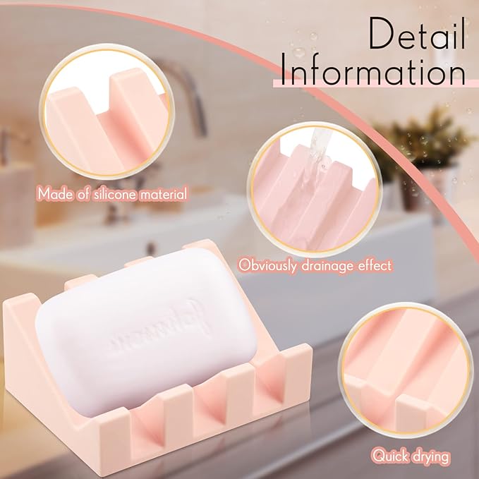 Cunhill 2 Pieces Silicone Soap Dish Self Draining Soap Dish Shower Waterfall Bar Soap Holder Tray with Drain Soap Saver for Kitchen Bathroom Accessories (Light Pink)-NeatNest