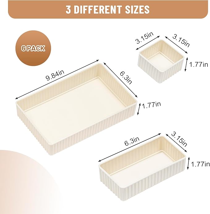 6 PCS White Drawer Organizer Set 3-Size,Versatile Desk and Vanity Drawer Organizer Trays, Storage Bins for Bedroom, Kitchen,Bathroom-NeatNest