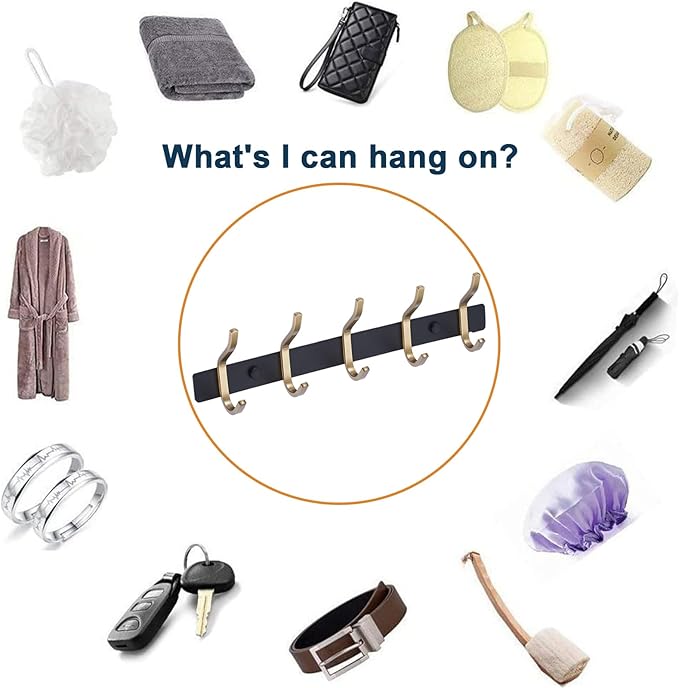 AZW Coat Rack Wall Mount,Heavy Duty Stainless Steel Metal Coat Hooks Hanging for Robes Bags Keys Hat Clothes and Bathroom Door Towels Hanger(Black and Gold 6 Hooks)-NeatNest