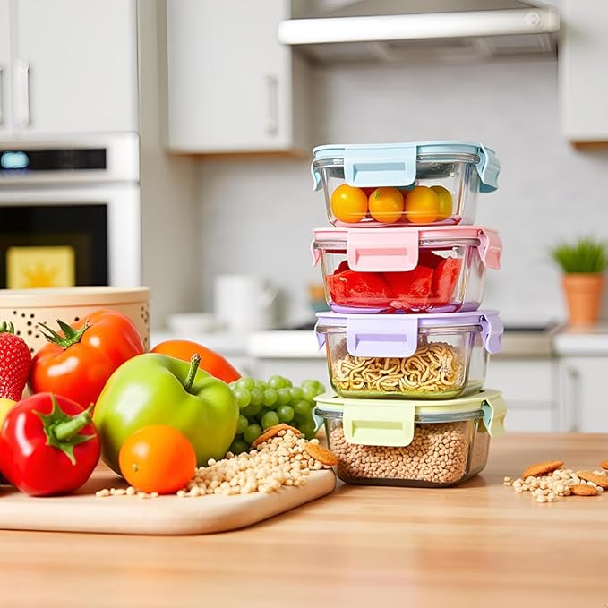 8PC Square Glass Containers With Lids, Glass Square Meal Prep Containers Set, 2 Cup Clear Small Food Containers For Soup Snack fruit, Microwave, Dishwasher, Freezer Safe - (4 color)