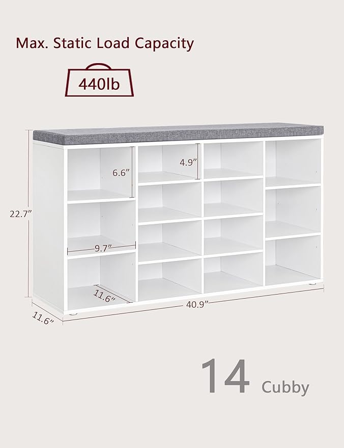 DINZI LVJ Shoe Storage Bench with Cushion, 14-Cubby Shoe Rack, Adjustable Shelves, Multifunctional Shoe Organizer Bench for Entryway, Mudroom, Hallway, Living Room, Bedroom and Garage, White-NeatNest