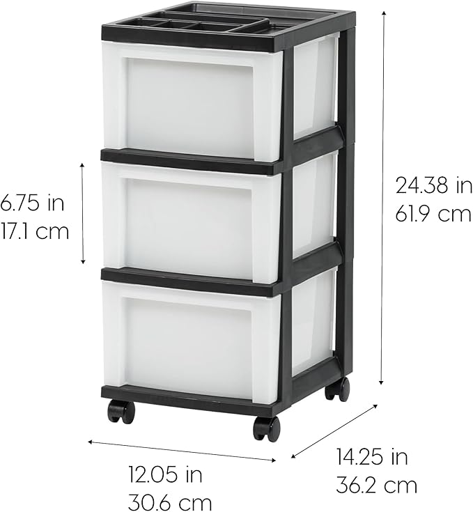IRIS USA Plastic Drawer Storage Organizer Rolling Cart, with Wheels Casters, 3-Drawers, for Classroom Art Craft Supplies Dresser Closet Bathroom Laundry Room, Black/ Pearl