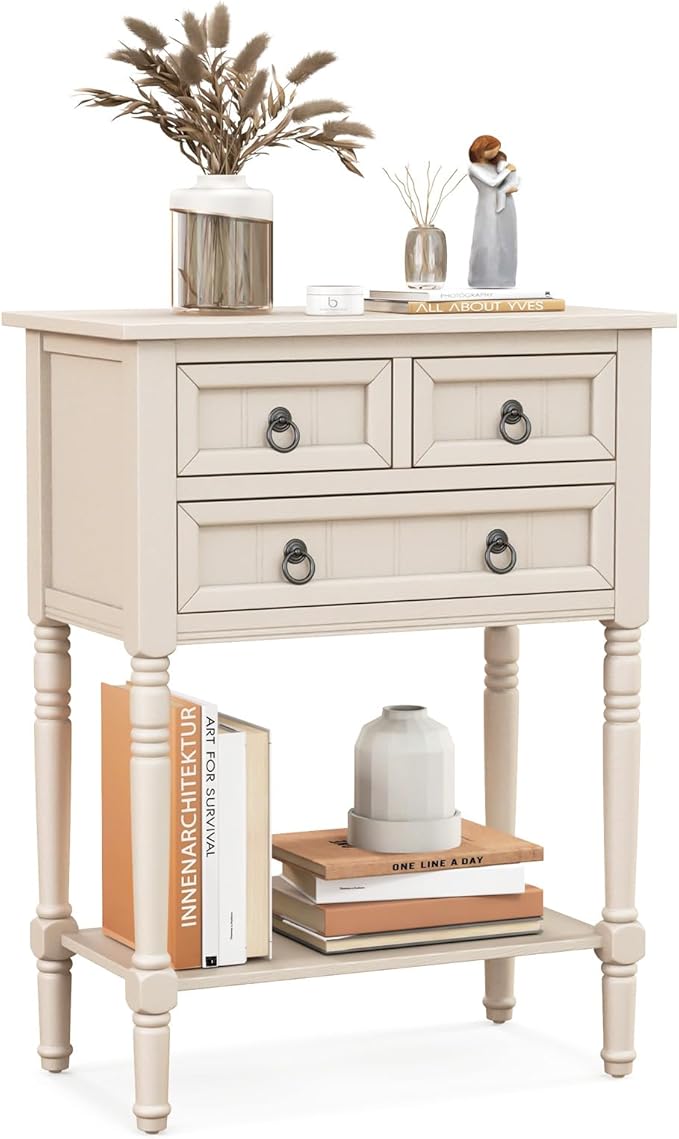 Giantex Entryway Table with Storage, Rustic Small Console Table w/ 3 Drawers & Open Bottom Shelf, Skinny Wood Console Table, Narrow Sofa Side Table for Living Room, Foyer, Hallway, Entry Table, Beige-NeatNest