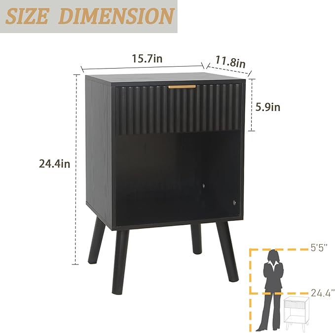 Black Fluted Nightstand, Modern Bedside Table with Drawer and Opening Storage, End Side Table Living Room with Solid Wood Legs for Bedroom (Black)-NeatNest