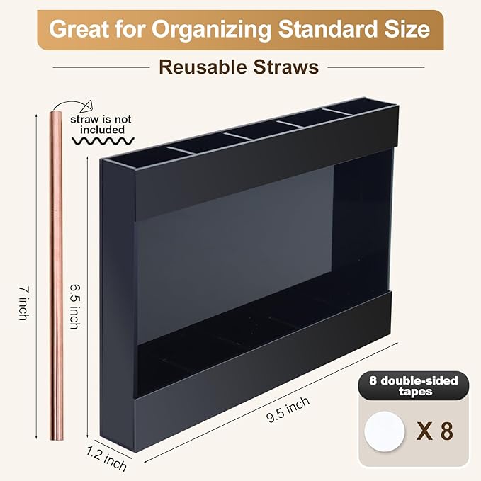 Acrylic Straw Holder Dispenser with Double Sided Adhesive Tape Reusable Tumbler Lid Straw Organizer Storage Container for Counter Cabinet Cupboard Kitce (Black)