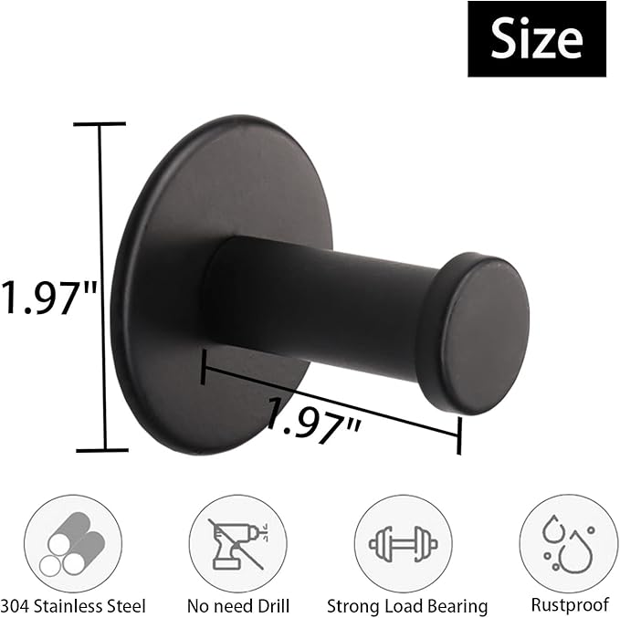 Bath Towel Hooks, 6 Pack Self Adhesive Coat Hooks, Sturdy No Drilling Robe Hook, SUS 304 Stainless Steel Heavy Duty Clothes Hanger, Wall Hooks for Bathroom Bedroom Kitchen (2 in, Black)