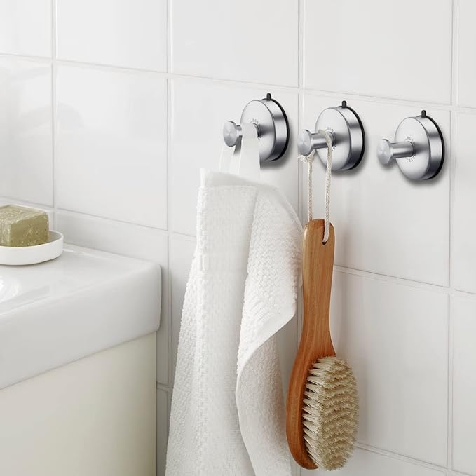 DGYB Suction Cup Hooks Set of 4 Brushed Nickel Towel Hooks for Bathrooms Waterproof Stainless Shower Hooks for Inside Shower 15 Lb Bathroom Hooks for Towels-NeatNest