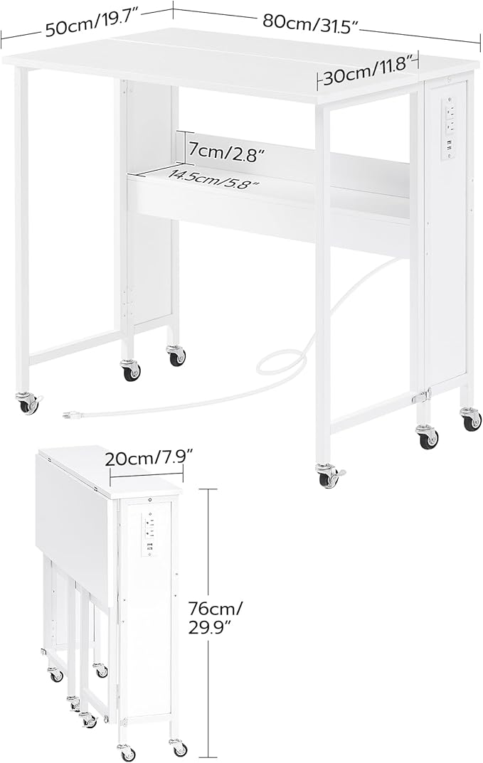 31.5" Modern White Folding Computer Desk with Power Outlets, Wheels, Storage, Perfect for Small Spaces White TDN01UWB-NeatNest