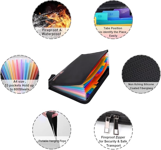 Fireproof Document Bag Fire & Water Resistant File Folder A4 Size 12 Pockets Fireproof Waterproof Safe Document Holder, Non-Itchy Silicone Coated Portable Filing Pouch for Legal Document(Colorful)