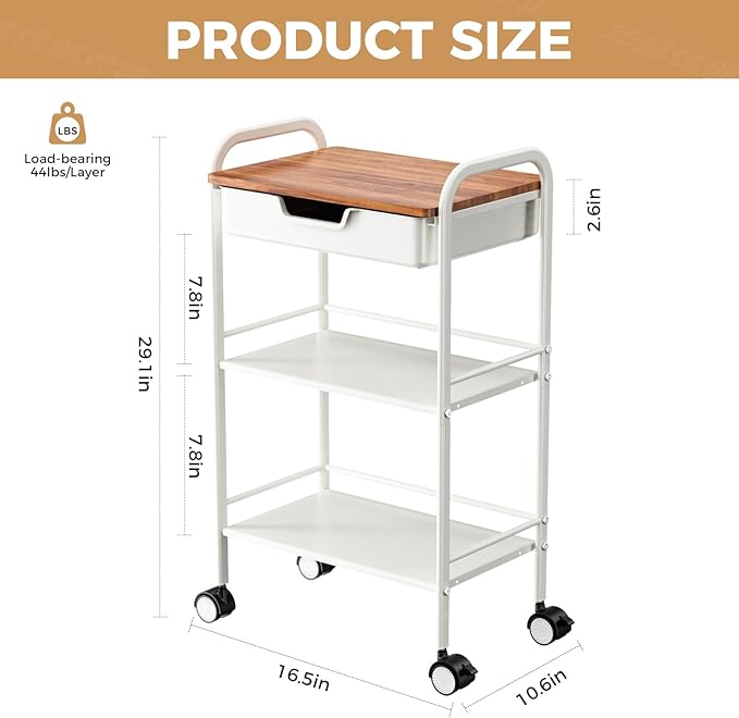 3 Tier Rolling Cart with Drawer, Metal Rolling Storage Cart with Table Top, Modern Utility Cart on Wheels Kitchen Cart Storage Organizer for Bathroom Office Living Room, White-NeatNest
