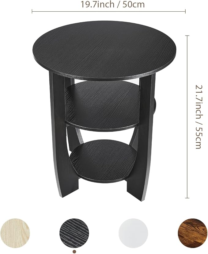 Round End Table with Storage Shelf,3 Tier Modern Side Table, Sofa Recliner Side Table,Accent Coffee Table,Nightstand for Living Room Bedroom for Small Spaces,19.7" D x 21.7" H
