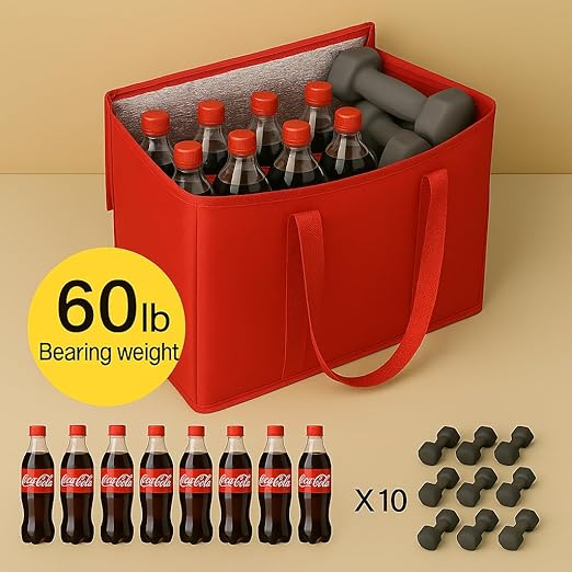 2Pk Insulated Reusable Grocery Bags, Collapsible Cooler Bag for Groceries, Heavy Duty Large Insulated Bag (Large, Bright Red)-NeatNest