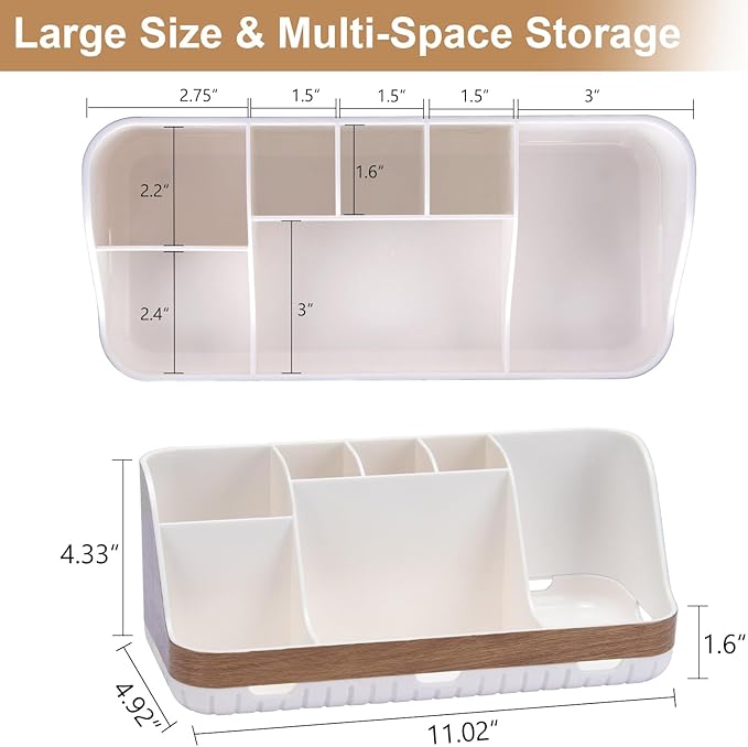Bathroom Countertop Organizer - Detachable 7 Slots Kids Electric Toothbrush and Toothpaste Holde Drainage for Bathroom Accessories Organization Counter Vanity Storage, Woodgrain-NeatNest