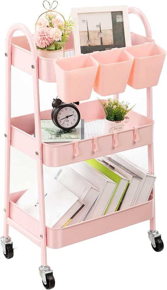 Danpinera 3-Tier Rolling Cart, Metal Storage Cart with Lockable Wheels, Hanging Cups & Hooks, Mobile Trolley for Kitchen, Bathroom, Office, Workshop, Pink-NeatNest