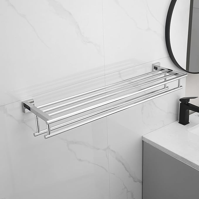 Bathroom Towel Rack with Double Towel Bar 32 Inch Bathroom Hotel Shower Shelf SUS304 Stainless Steel Modern Wall Mounted Holder Polished Chrome