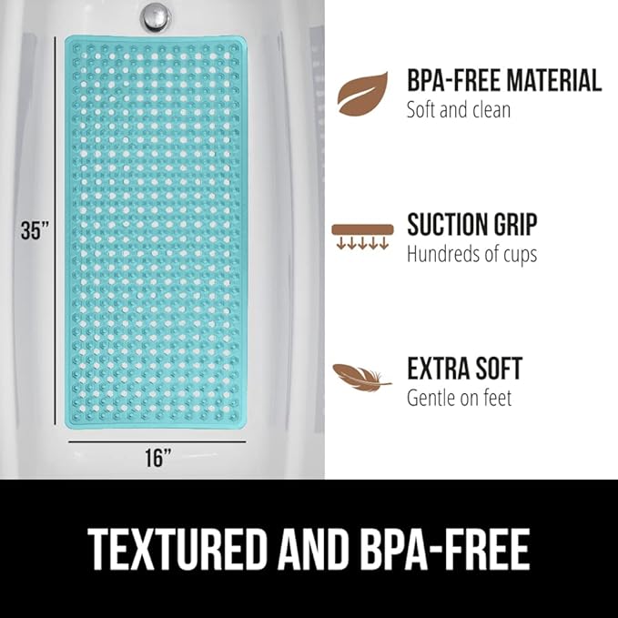 GORILLA GRIP Patented Bath Tub Shower Mat, Machine Washable Bathtub Floor Liner Mats, Suction Cups and Drain Holes to Keep Tubs Clean, Soft on Feet, Bathroom Essentials, 35x16 Inch, Clear Turquoise-NeatNest