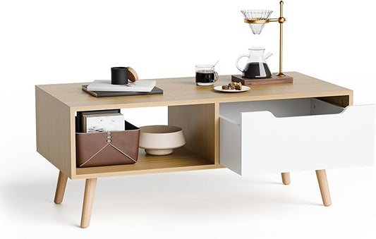 Cozy Castle Modern Wooden Coffee Table with Storage, Minimalist Hallway Mid Century Cocktail Table for Living Room Apartment Reception, Oak-NeatNest