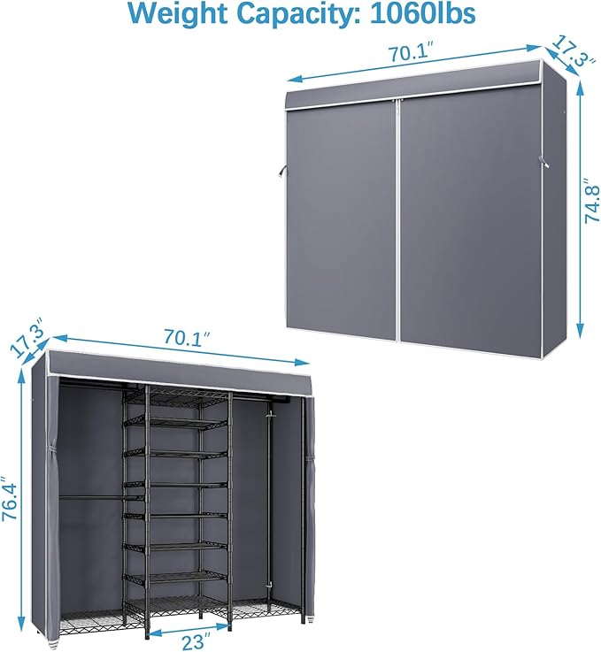 VIPEK S3C Heavy Duty Portable Closet with Adjustable Shoe Rack Wire Shelf, Large Wardrobe Organizer for Bedroom Storage, Freestanding Clothes Rack with Hanging Rod, Custom Black Rack with Grey Cover-NeatNest