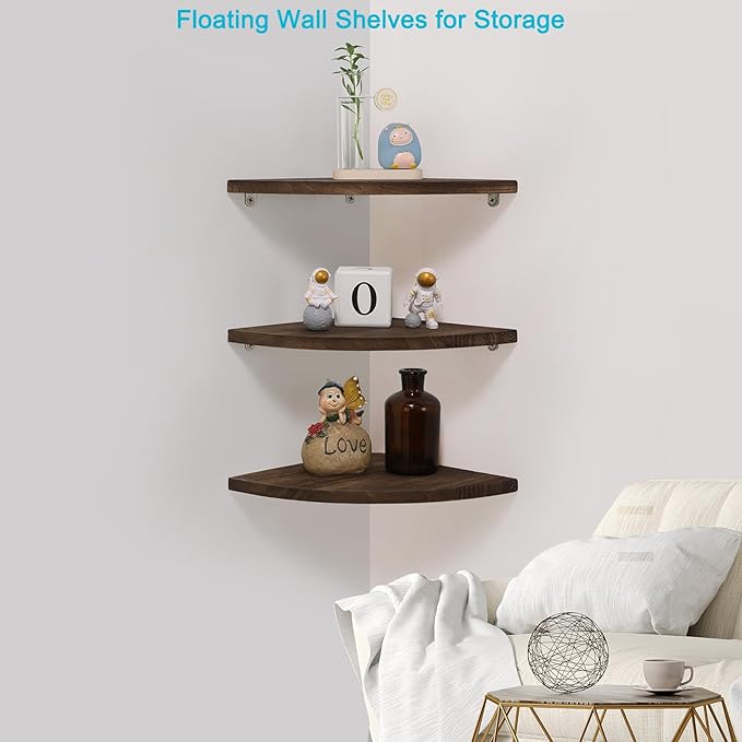 Joiishom Shelves 3, Rustic Wood Corner Wall Mount, 10x10x0.7 inches, 42 pounds Capacity-NeatNest