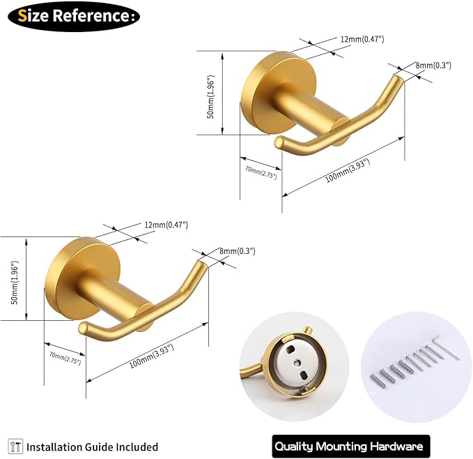 GERZWY Bathroom Double Coat Hook Gold Stainless Steel Towel/Robe Clothes Hook for Bath Kitchen Wall Mounted 2 Pack AG61908-2BE