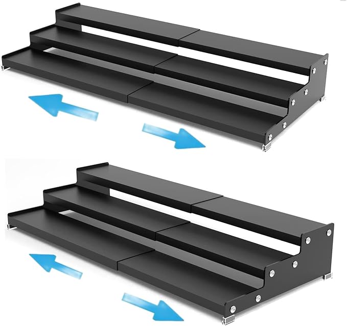 Expandable Spice Rack Storge Organizer with 3-Tier Step Shelf for Cabinet,Seasoning Racks organizion.Great for Kitchen countertop Shelves,Pantry and More(2packs/Black)-NeatNest