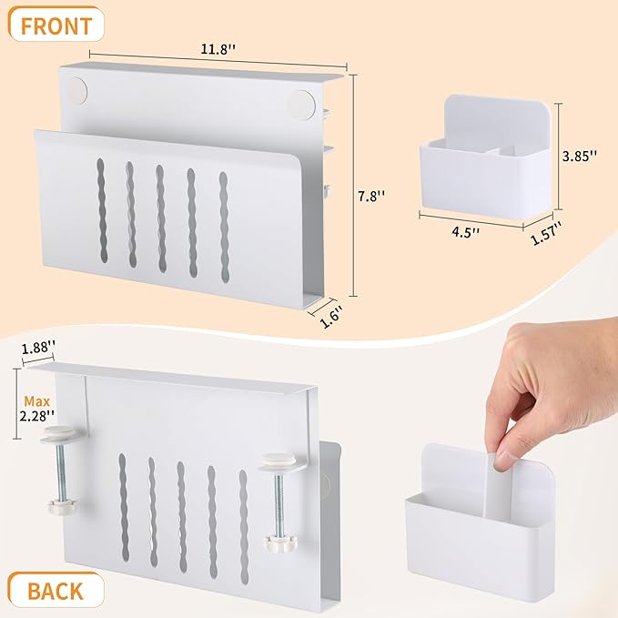 Desk Side Storage Under Desk Laptop Holder, No Drill Hanging Desk Organizer with Pen Holder, Clamp-On Table Side Tray Desktop Organization Mount for Office and Home (White)-NeatNest
