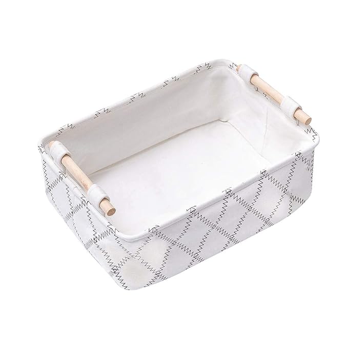 Decorative Collapsible Rectangular Fabric Storage Bin Organizer Basket with Wooden Handles for Clothes Storage,15.4x10.6x5.1 inch,White-NeatNest