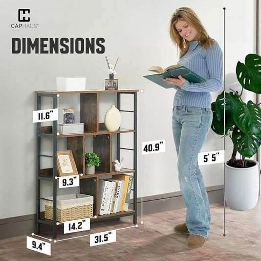 CAPHAUS 7 Cube Storage Organizer, 32” Wide 3 Tier Rustic Oak Industrial Open Shelf Bookcase, Display Shelf, Horizontal Bookshelf with Metal Frame, Wooden Board, for Living Room, Bedroom, Office-NeatNest