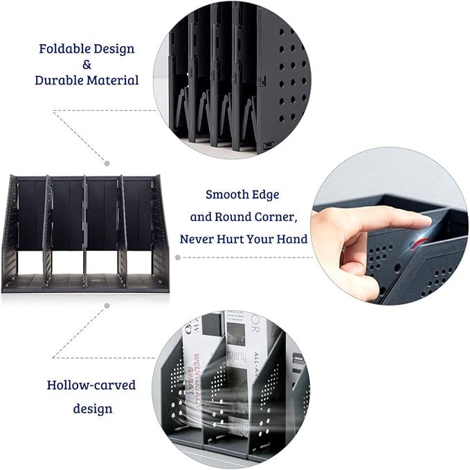 SAYEEC Collapsible Magazine File Holder with 4 Compartment Plastic Binder Folder for Desk Hollow Documents Foldable Organizer Desktop Files Cabinet Shelf Frames Divider Rack Display and Storage