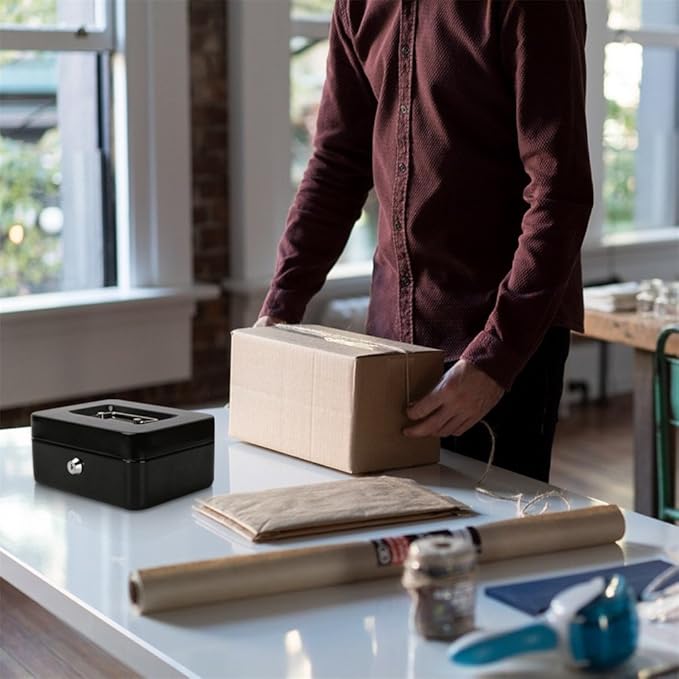 Decaller Cash Box with Money Tray, Metal Locking Money Box with Key Lock for Security, 7 4/5" x 6 4/5" x 3 3/5", Black, QH2003S-NeatNest