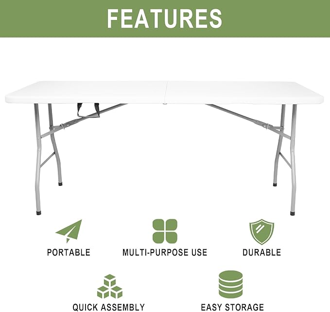 6FT Plastic Folding Table, Portable Picnic Table Outdoor, for Camping, Party, Wedding,Picnic, with Lock, Handle - White-NeatNest