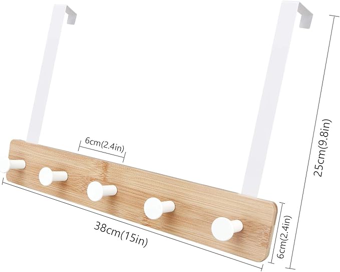 Badiano Over The Door Hook Hanger, Bamboo Coat Rack with 5 Metal Hooks, Wood Clothes Organizer for Coat, Towels, Bags, Robes (White)