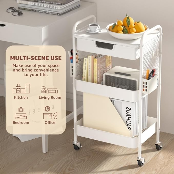 3 Tier Rolling Cart with Drawer, Metal Rolling Utility Cart on Wheels with Pegboard, Art Cart Storage Organizer with Tabletop for Living Room, Office, Bedroom (White)-NeatNest
