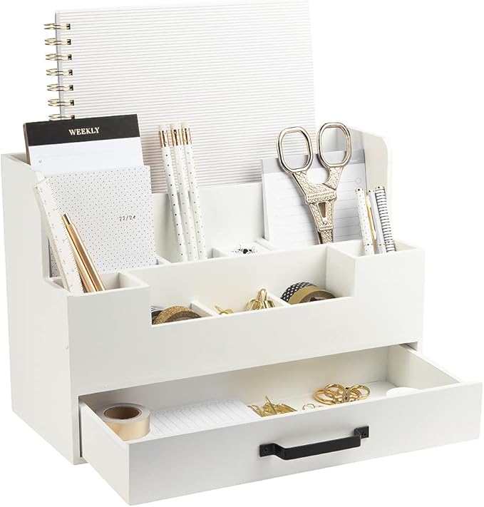 BLU MONACO White Wooden Desk Organizer with Drawer – Office Desk Caddy for Supplies and Accessories – Stylish Desktop Storage for Women-NeatNest