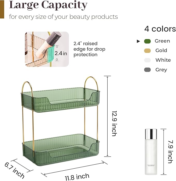 Aveniee Bathroom Counter Organizer, 2 Tier Perfume Skin Care Countertop Storage Shelf, Vanity Makeup Tray for Cosmetic Skincare Lotion,Green-NeatNest