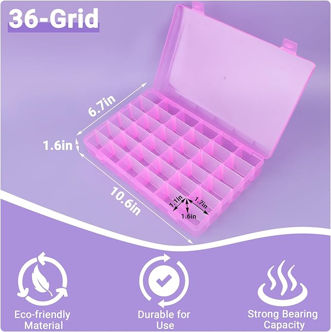 False Nail Container, 36-Gird Plastic Nail Art Organizers Storage Box with Adjustable Dividers, False Jewelry Diamonds Charms Nail 3D Decorations Manicure Accessory Holder Case, 2 Packs-NeatNest