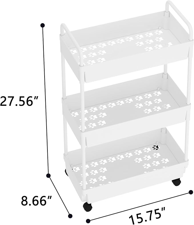 3-Tier Storage Cart,Shelf Organizer Mobile Shelving ,Utility Rolling Cart,Multifunction Movable Storage Organizer with Lockable Wheels,White-NeatNest