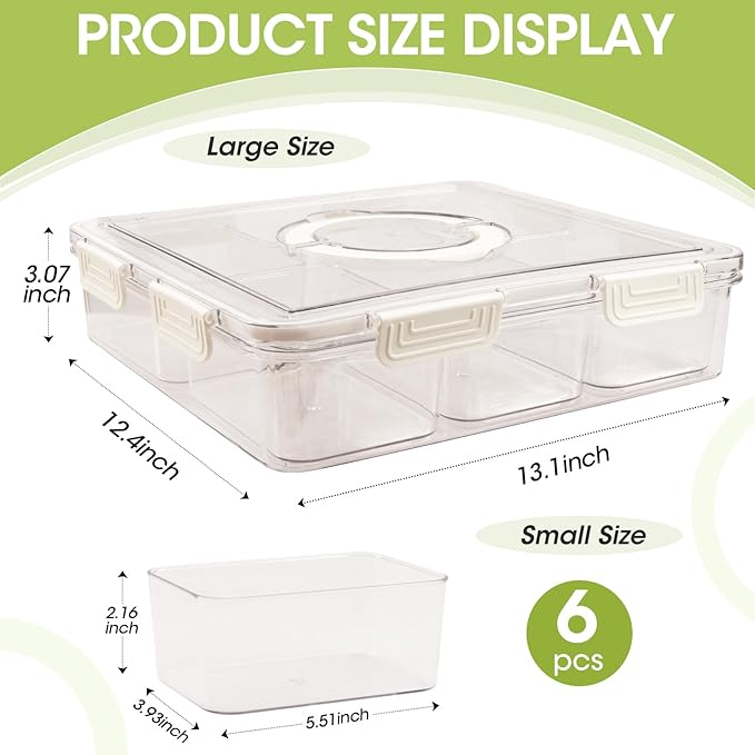 Divided Serving Tray with Lid & Handle, 6 Compartment Removable Snack Box, Kitchen Organizers and Storage, Snackle Box Container, BPA-Free Fruit Storage Container for Berry, Snack, Candy, Nuts…
