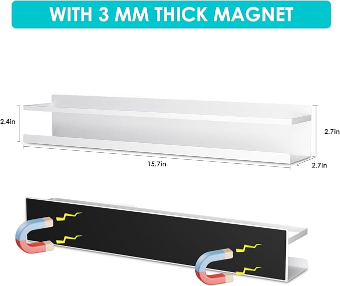 2 Pcs Magnetic Metal Book Shelves, 15.7'' x 2.7'' x 2.7'', Special for Whiteboard, Classroom and Fridge Storage, Holds up to 12 lbs