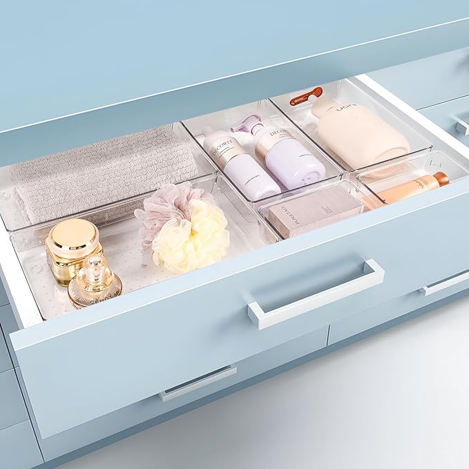 3 PCS Large Drawer Organizer, 3Sizes Plastic Versatile Desk Drawer Organizer Trays with Non-Slip Silicone Pads, Storage Bins for Makeup, Office, Kitchen Gadgets Utensils, Bedroom, Tools, Bathroom-NeatNest