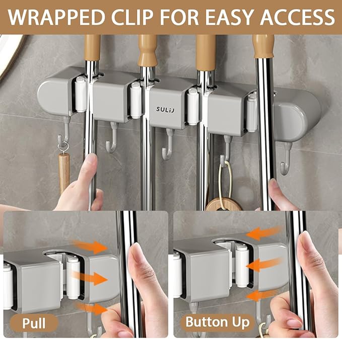 2Pcs Broom Mop Holder with Hooks Wall Mounted Broom Storage Rack No Drilling Self-Adhesive Mop Broom Organizer Mop Holder Hanger for Bathroom Office Kitchen Closet Garage,Grey (2)-NeatNest