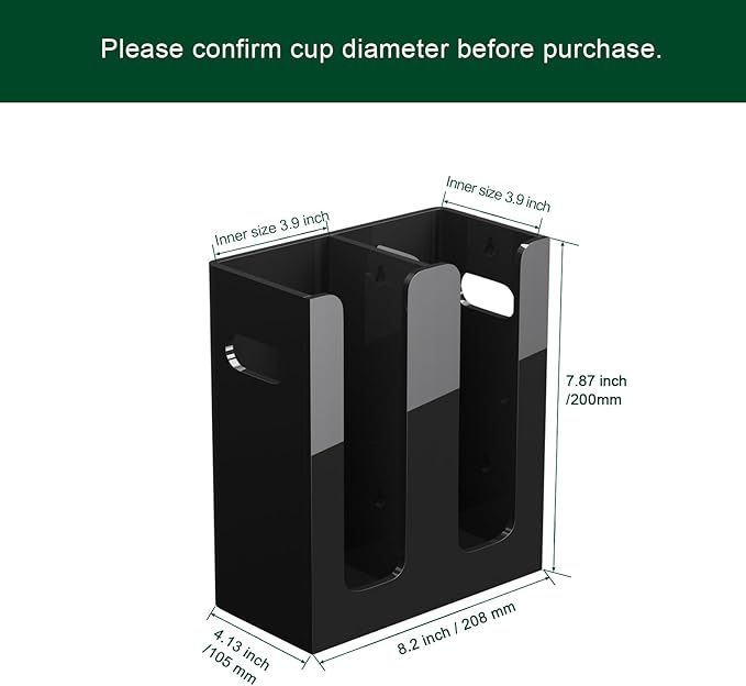 Disposable Coffee Cup Dispenser with Handles, Countertop or Wall Mount Hot/Cold Drink Cup and Lid Holder - Bathroom/Kitchen/Office Acrylic Cup Lid Storage Organizer (2 Compartments, Black)-NeatNest