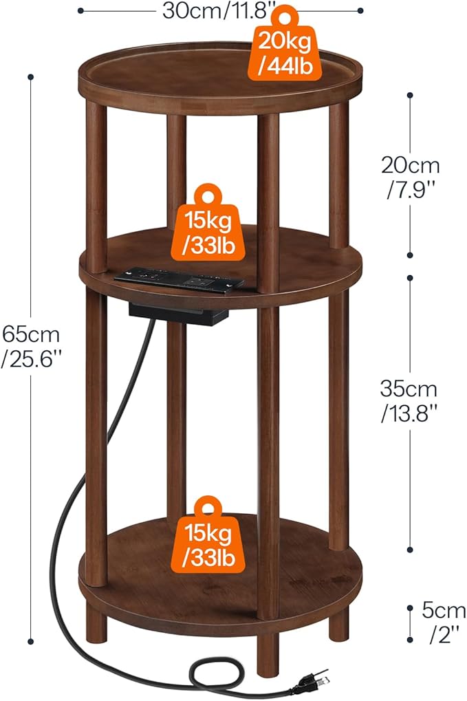 HOOBRO Set of 2 Small Round Side Tables with Charging Station, 3-Tier Round Bamboo End Tables, Compact Sofa Bedside Tables, Easy Assembly, for Living Room, Bedroom, Apartment, Mocha MA152UBZP201