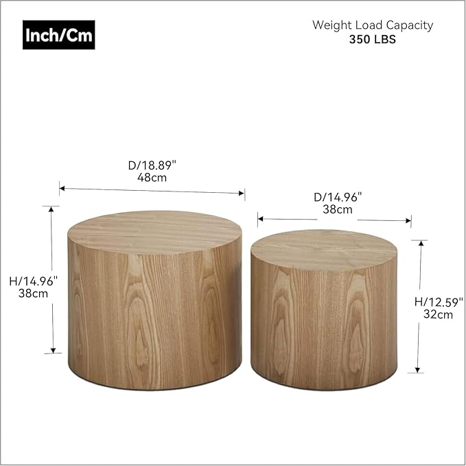 KEVINSPACE Coffee Table Nesting Tables Set of 2, Small Modern Round Coffee Table with Non-Slip Feet, Wooden Circle Accent Tables for Small Spaces Living Room Bedroom Balcony Drum Side Table Oak